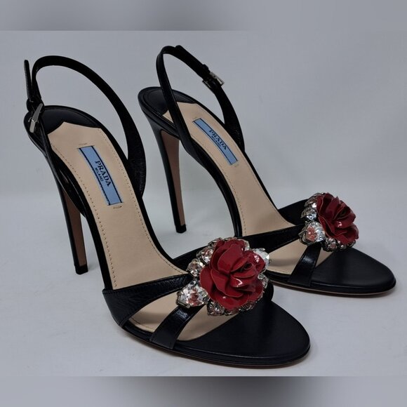 NWOT Prada Women's Black Red Rose Crystals Slingback Sandals Heels 39 EU 9 US - Picture 8 of 15